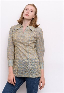 VIntage Sheer Shimmer Pearl Button Embroidered Blouse Shirt