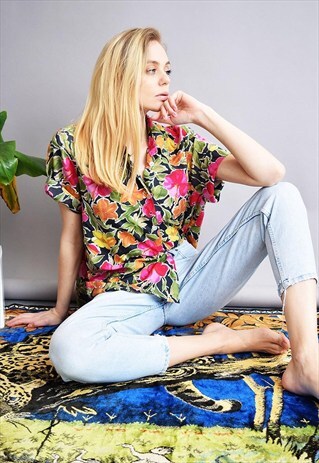 90'S RETRO ABSTRACT FLORAL PATTERN OVERSIZED SHIRT