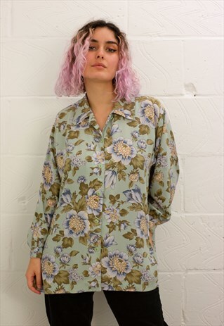 1970'S' VINTAGE GREEN BLOUSE WITH FLOWER PRINT