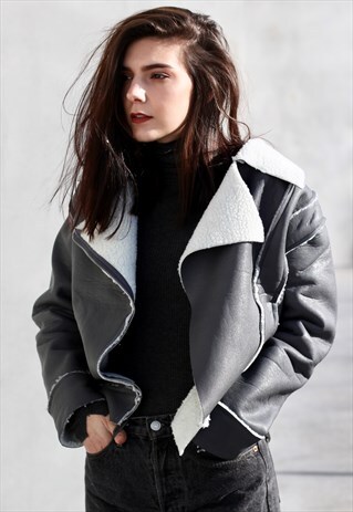 LEATHER LOOK SHEARLING LINED BIKER JACKET