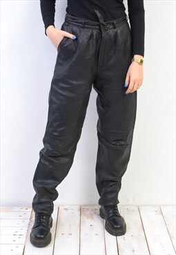 Vintage Women's M Black Leather Trousers Pants Biker W29L32