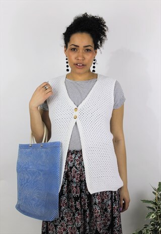 VINTAGE 1970S WHITE CROCHETED BUTTONED WAISTCOAT CARDIGAN