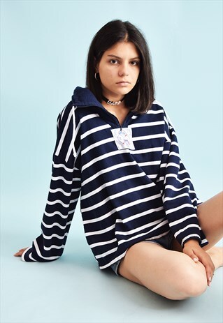 90'S RETRO NAUTICAL STRIPED OVERSIZED SWEATSHIRT TOP