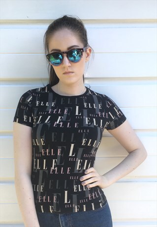 WOMENS VINTAGE ELLE BLACK PINK ALL OVER PRINT TSHIRT TOP