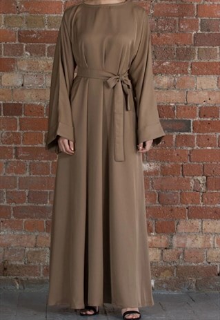 Brown Modest Belted Abaya Maxi Dress