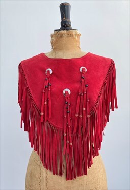 70's Vintage Ladies Top Red Suede Tassel Fringed Beaded