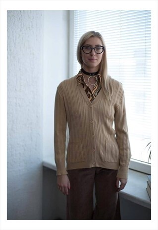 VINTAGE 80'S CAMEL RIBBED BUTTON UP V-NECK CARDIGAN