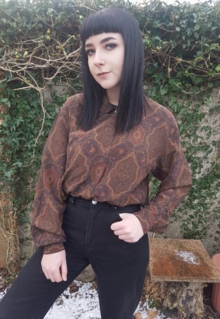 VINTAGE BROWN BUTTON PATTERNED UP BLOUSE