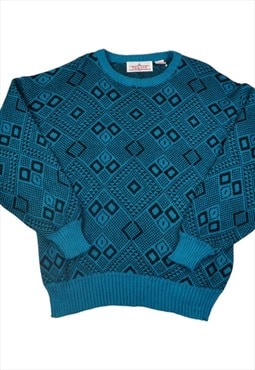 Vintage Sweater Retro Pattern Blue/Black Ladies Large
