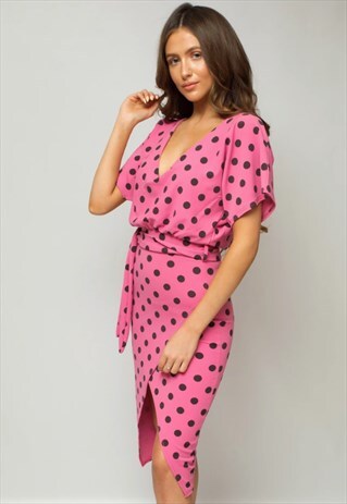 MAURA PINK POLKA DOT V NECK JUDITH BATWING WRAP DRESS