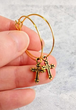 GOLDEN MINI CROSS HOOP EARRINGS