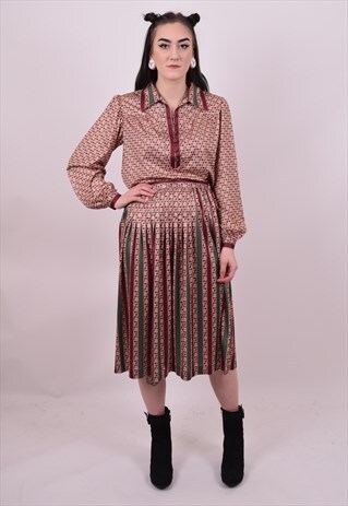 VINTAGE 70'S CRAZY PRINT SHIRT & SKIRT PREPPY UNI SIZE 10 12