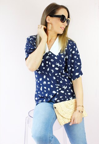 VINTAGE 80'S SHELL PRINT WHITE COLLAR SHIRT BLOUSE