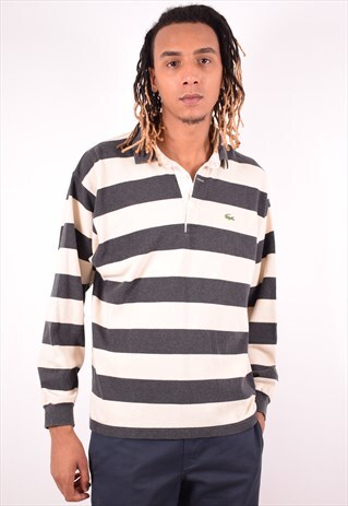 LACOSTE MENS VINTAGE POLO SHIRT LARGE GREY STRIPES 90S