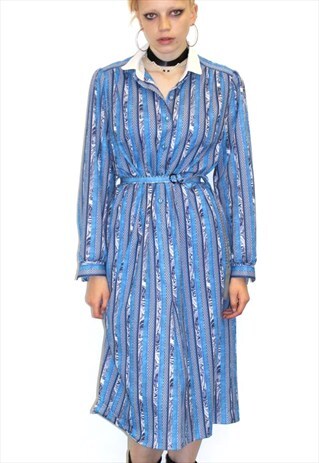 80'S VINTAGE FLORAL MIDI BLUE AZTEC BUTTON DRESS