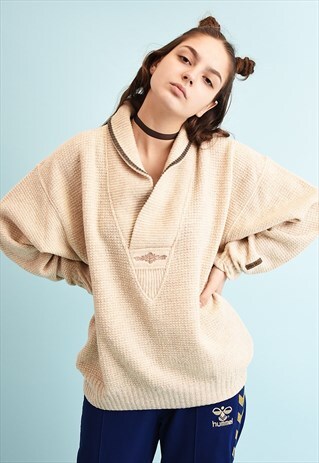 90'S RETRO FOLK MOTIF NEUTRAL SLOUCHY KNIT JUMPER