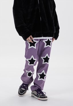 Stars patch jeans straight fit denim pants in purple