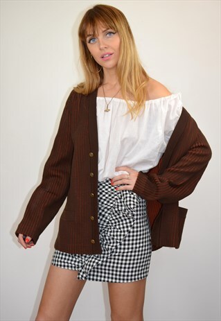 VINTAGE BROWN & RED STRIPE KNITTED CARDIGAN JACKET