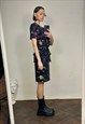 NAVY FLORAL PLEATED MIDI DRESS WITH RUFFLES