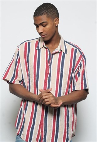 VINTAGE TOMMY HILFIGER SHORT SLEEVE STRIPED SHIRT RED BLUE