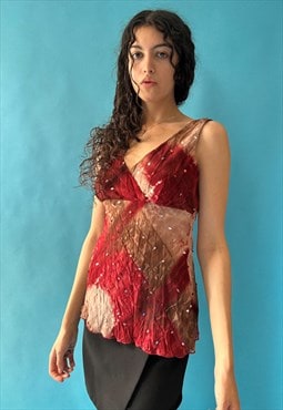 Vintage Y2K Size S/M Top with Sequins In Red and Brown.
