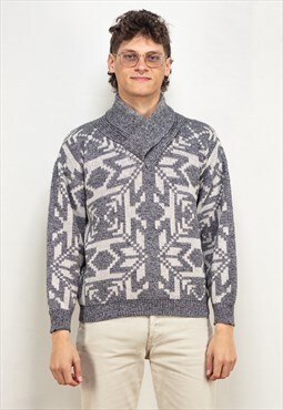 Vintage 80's Men Collared Aztec Sweater in Grey