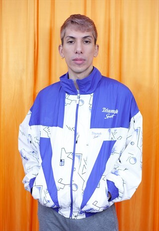 VINTAGE 90S WINDBREAKER JACKET BLUE WHITE GEOMETRIC ZIP UP