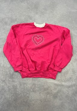 Vintage Sweatshirt Embroidered Gems Heart Patterned Jumper
