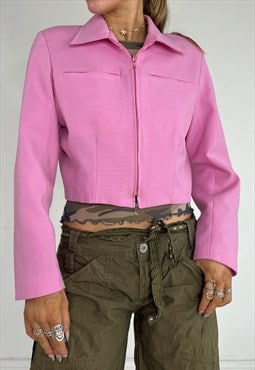 Vintage 90s Jacket Zip Up Cropped Pink Smart Barbie Y2k 00s