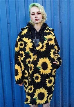 Sunflower fleece jacket daisy coat faux fur Trench jacket