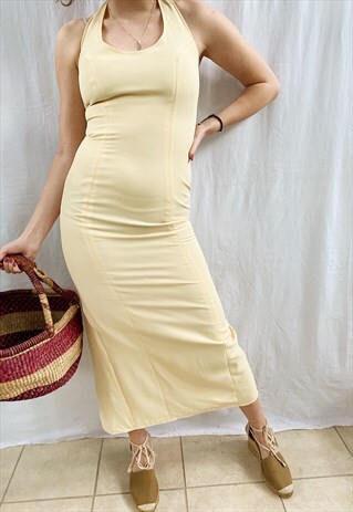 VINTAGE 70S PASTEL CITRON PROM HALTER MAXI EVENING DRESS