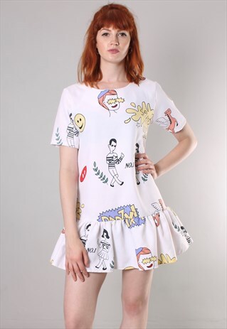 VINTAGE 90S CARTOON PATTERNED MINI PEPLUM DRESS