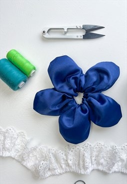 Navy Blue Satin Oversize Flower Scrunchie