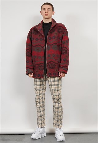 VINTAGE 80'S BURGUNDY WOOL PATTERNED COAT