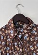 90S BUTTERFLY COLLAR CUTE BROWN FLORAL SHIRT BLOUSE TOP M L