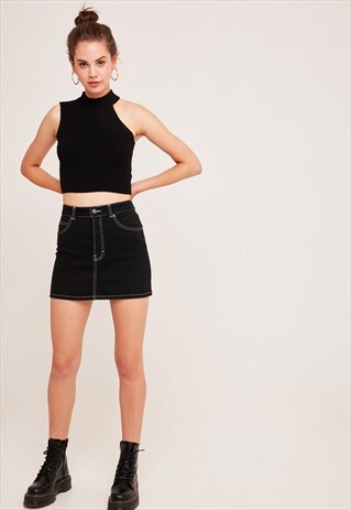 RIBBED ASYMMETRIC TOP - BLACK