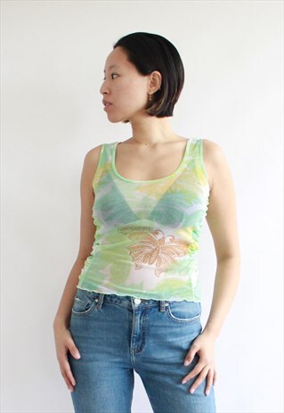 VINTAGE Y2K GREEN MESH BUTTERFLY TOP