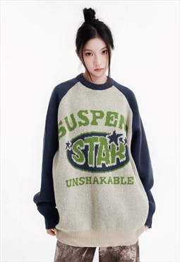 Grunge sweater suspend slogan jumper knitted raglan top