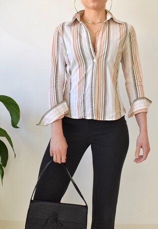VINTAGE Y2K 00S PINSTRIPE TIGHT FITTED SHIRT TOP S