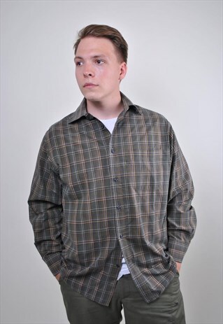 90S BROWN PLAID SHIRT, VINTAGE LONG SLEEVE CHECK SHIRT