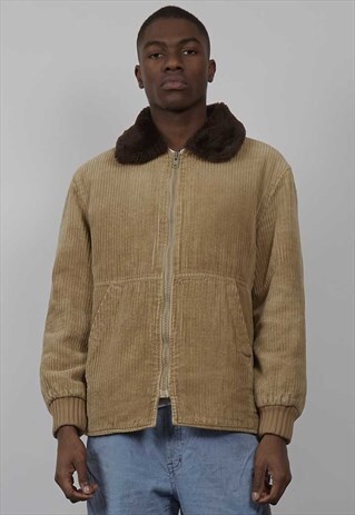 VINTAGE 90'S FAUX FUR COLLARED TAN CORDUROY BOMBER JACKET