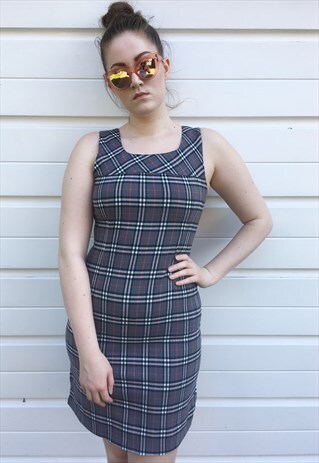 WOMENS VINTAGE BURBERRY DRESS GREY NOVA CHECK PINAFORE