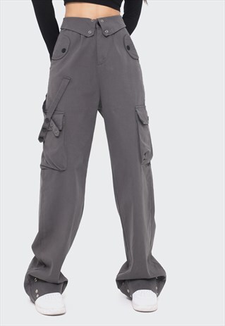 High waist parachute joggers cargo pocket pants in grey