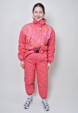 90s one piece ski suit, retro pink pattern snow suit