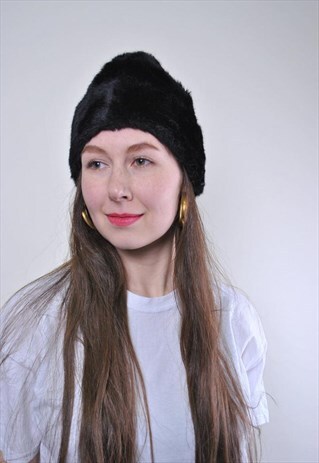 VINTAGE FAUX FUR BLACK WINTER HAT