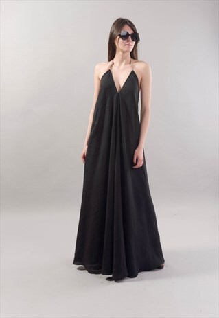BLACK KAFTAN/MAXI BLACK LINEN DRESS/OPEN BACK DRESS/F1799