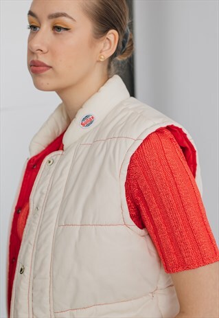VINTAGE 80S MINIMAL BOXY FIT ZIP UP QUILTED CREAM VEST S