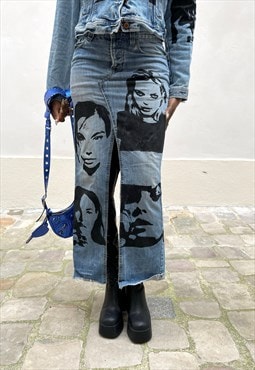 Bowsdontcry denim long skirt in blue with faces