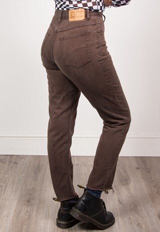 VINTAGE 90'S BROWN DENIM HIGH WAIST FRAYED HEM JEANS