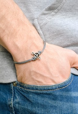 Music bracelet for men, silver treble clef grey cord, mens